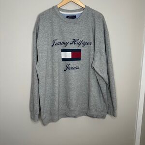 Vintage Tommy Hilfiger‎ Jeans Sweatshirt Crewneck Gray XL Spellout Flag Logo